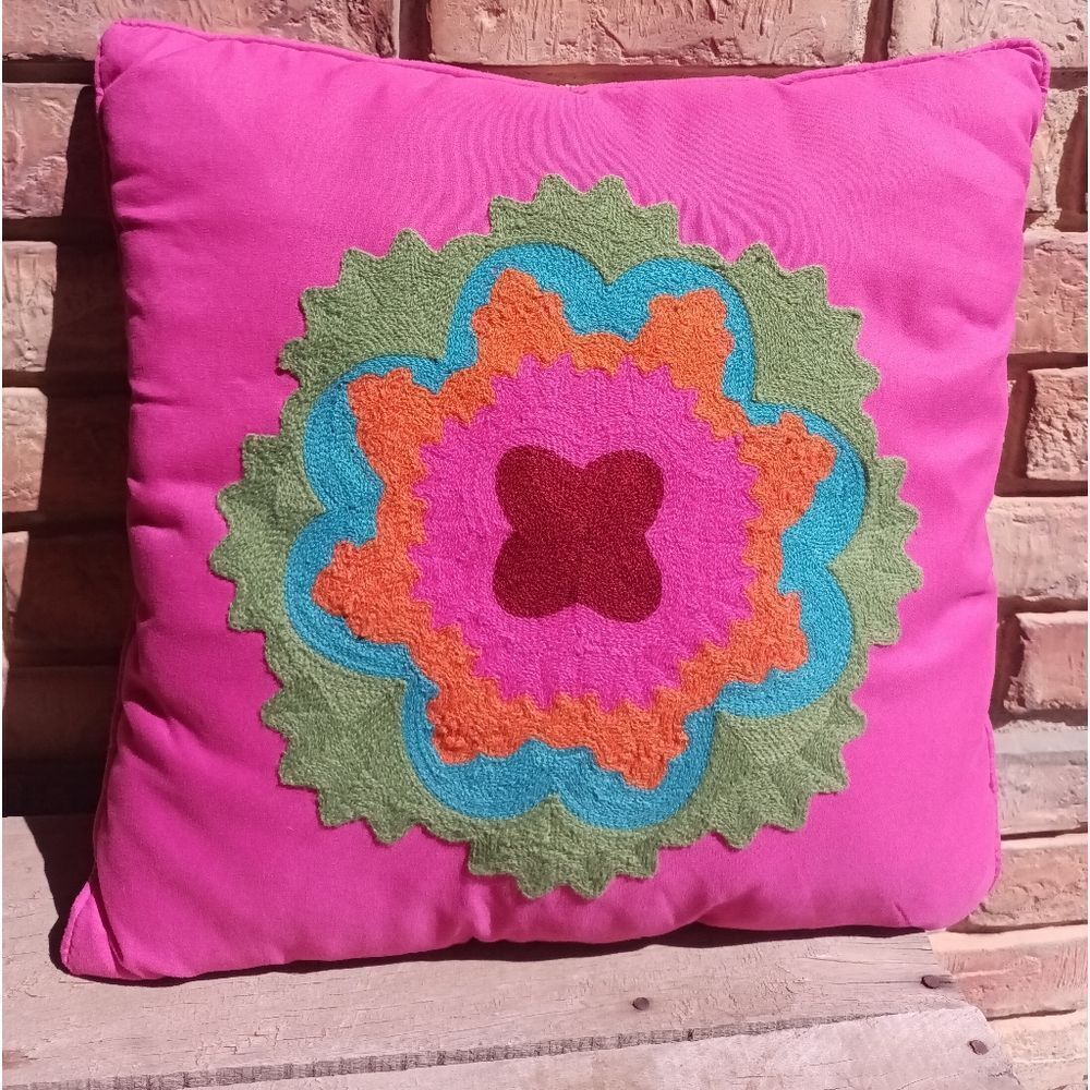 Vibrant Pink Decorative Pillow with Colorful Embroidery, OUI french bull Throw